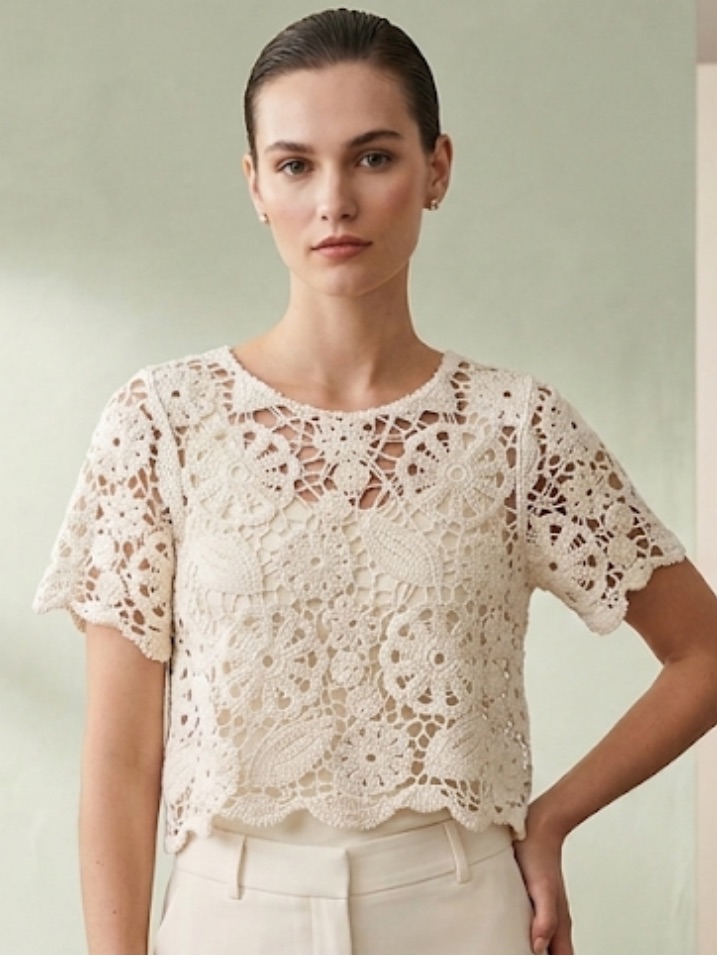 Caballero Open Knit Crochet Cropped Boxy Cotton Top In Cream Large